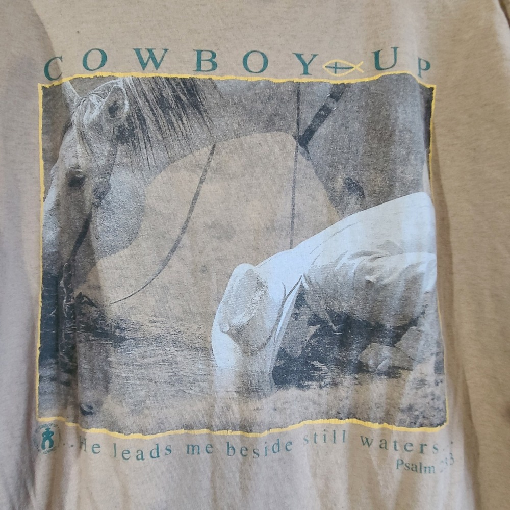 Cowboy Up T-Shirt Mens XL Tan Vintage 90s Alore Psalms Religious Horse Graphic